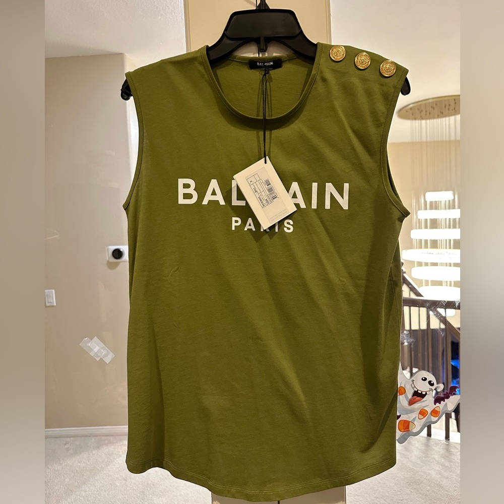 New with tag. Balmain olive green top. Tag size small, can fit up to a medium.